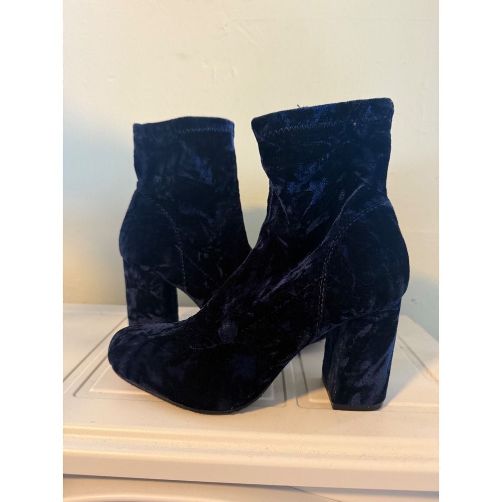 Blue Velvet Ankle Boots Block Heel Round Toe Booties whimsigoth  Y2K Women 7 m - Picture 3 of 8